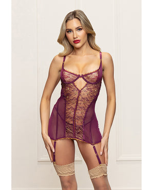 Seven 'til Midnight Metallic Lace with Mesh Gartered Chemise &amp; Thong - Plum MD