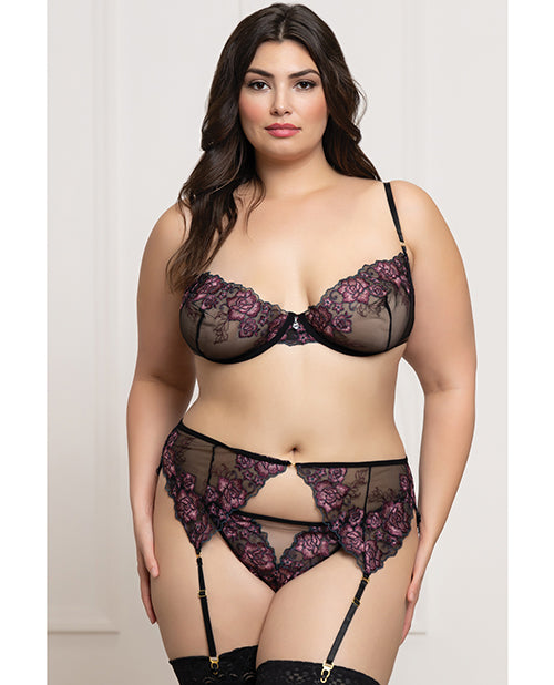 Seven 'til Midnight Floral Lace and Mesh Underwire Bra w/Garter &amp; Thong 3 pc Set - Black/Purple 3X/4X