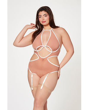 Seven 'til Midnight Mesh Cut Out Halter Teddy Nude/White QN