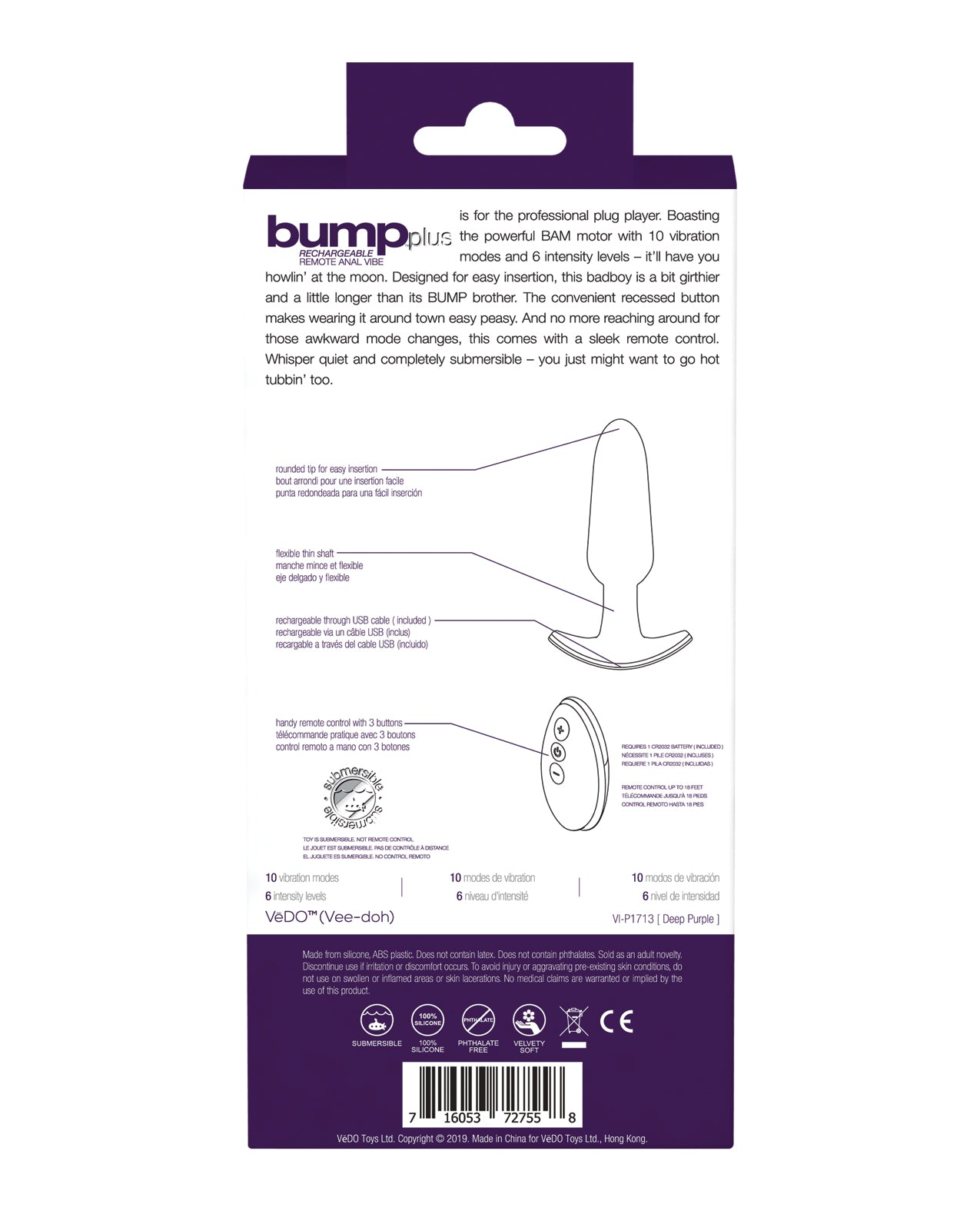 VeDO VeDO Bump Plus Rechargeable Remote Control Anal Vibe - Deep Purple